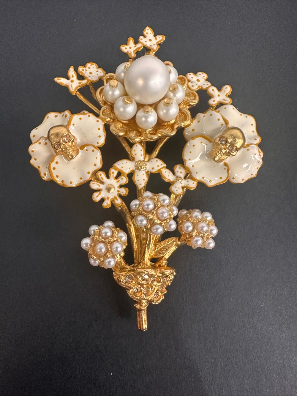 Alexander McQueen Gold White Enamel & Pearl Floral Skull Bouquet Brooch